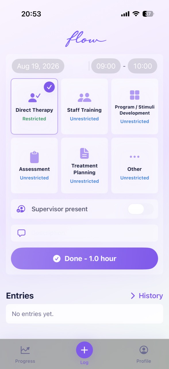 Flow light mode Log screen with six activity categories and a Done button